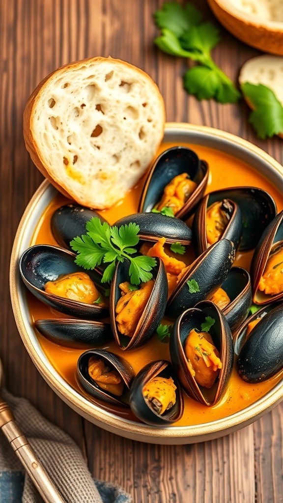 A bowl of coconut curry mussels garnished with cilantro, served with bread on a rustic table.